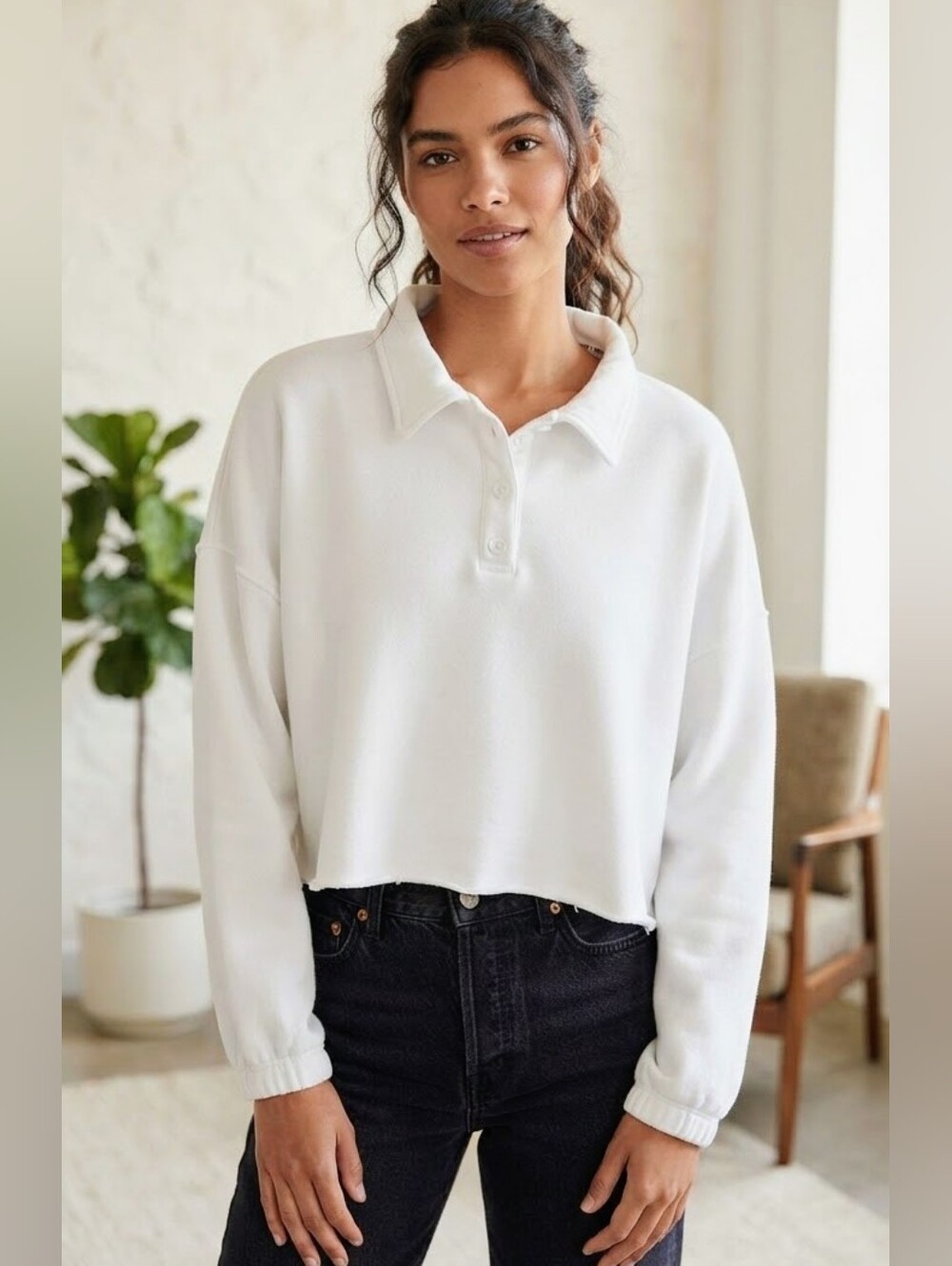 Aerie White Cropped Polo Sweatshirt Pullover Together Y'All - Size L